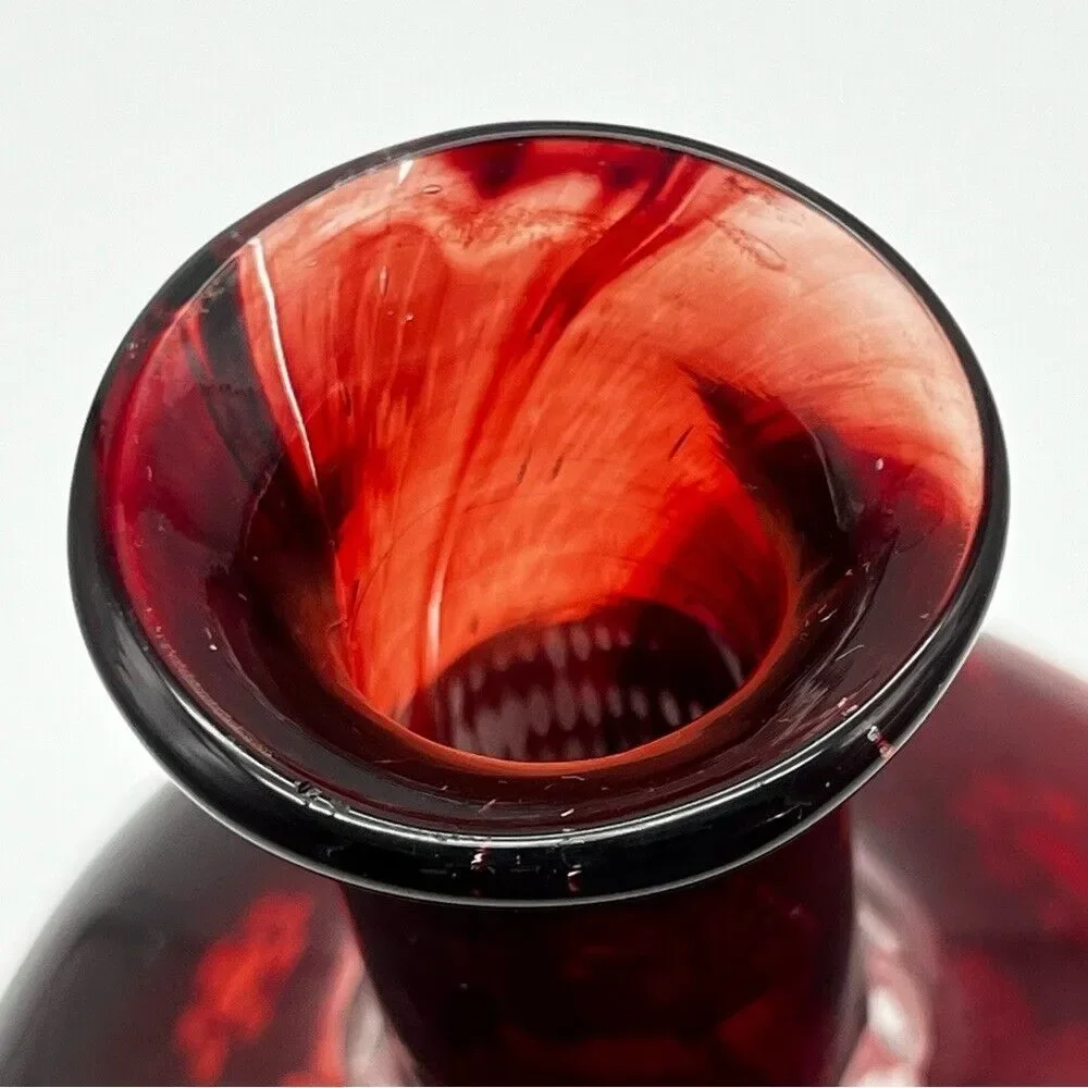 Vintage Czech Bohemian Ruby Red Cut To Clear Floral Etched Glass Decanter Vase